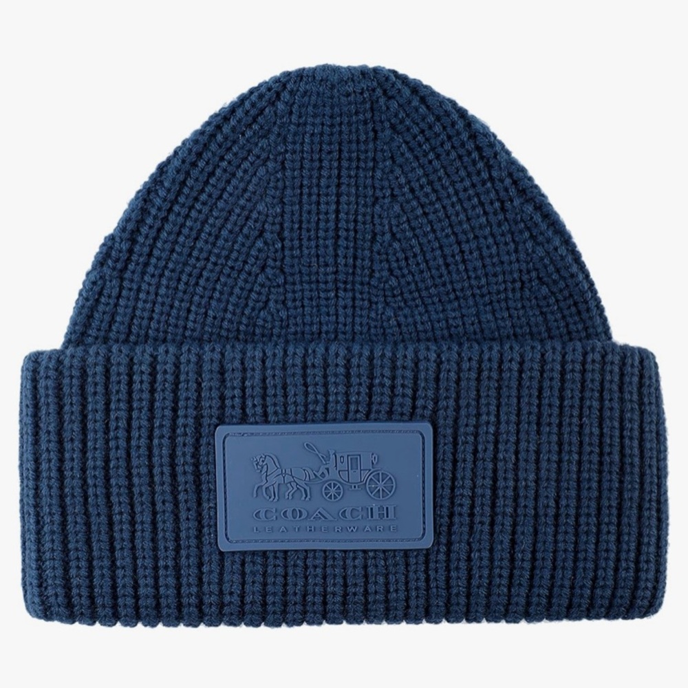 COACH patch cuffed wool women's beanie hat - Blue NWT
